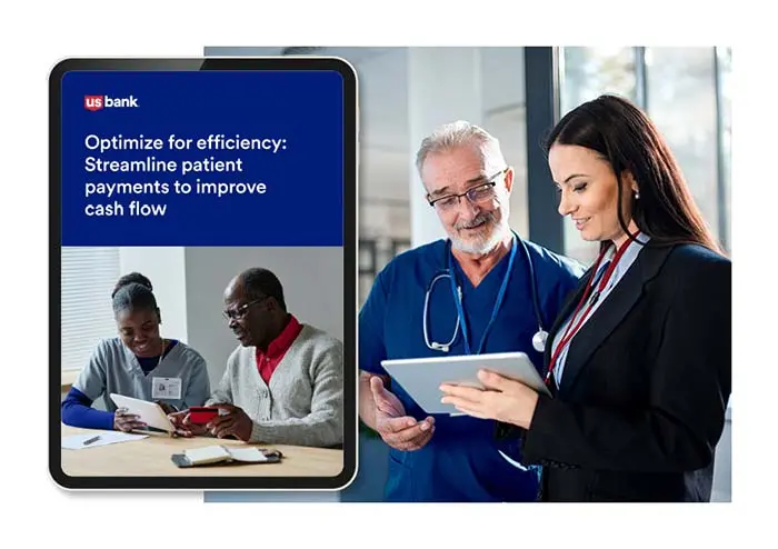Tablet device showing two people looking at a hospital bill, with text next to them that says “optimize for efficiency. Streamline patient payments to improve cash flow.”